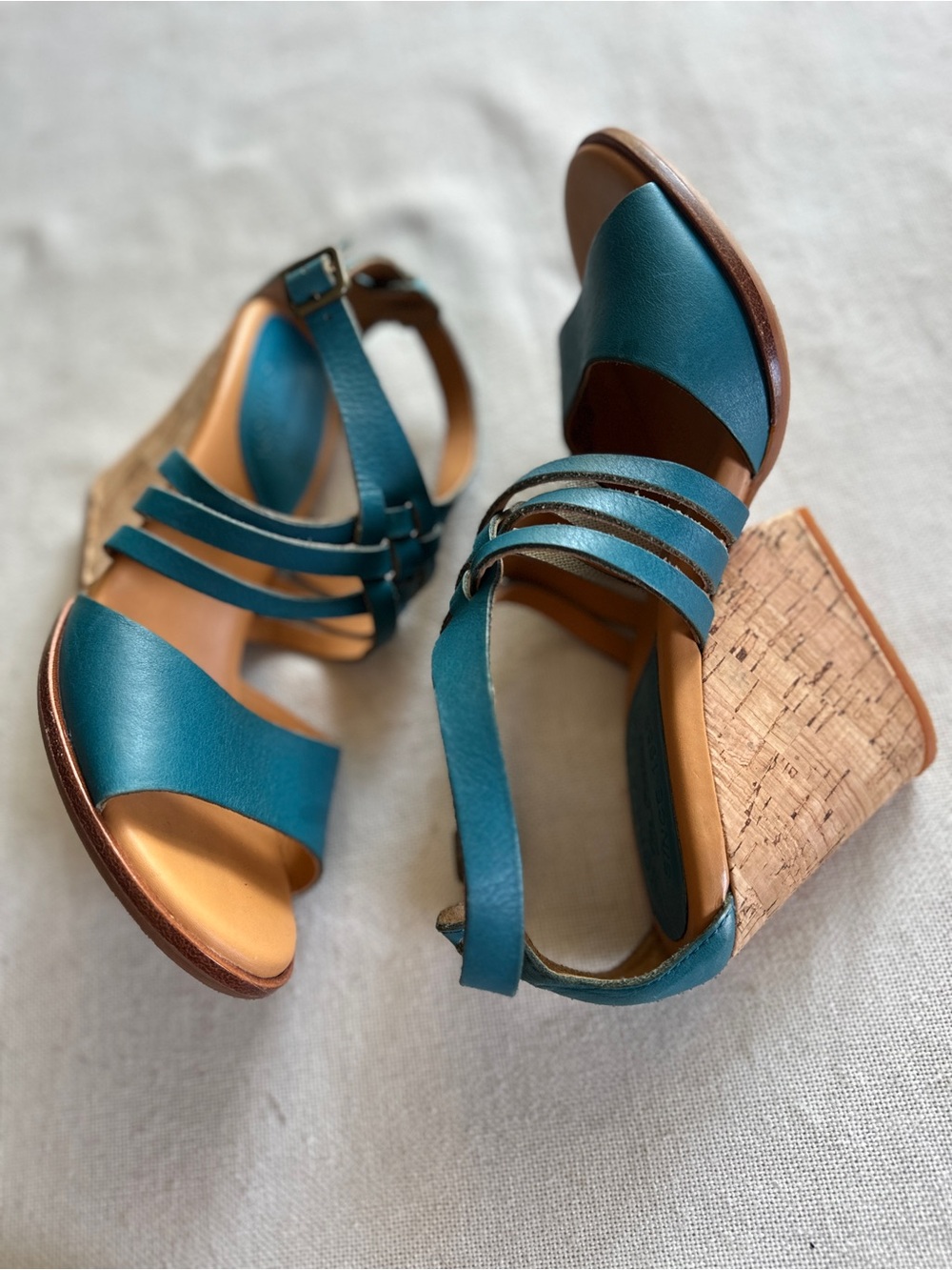 Kork-Ease Adelaide Teal Blue Leather Cork Wedge Sandals | 8